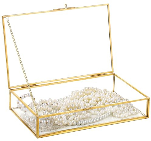 Kronabelle Boîte de présentation rectangulaire transparente pour bijoux, 22 x 13 x 4,6 cm, grand organisateur de bibelots transparents, boîte à bijoux, boîte à bijoux en verre transparent doré