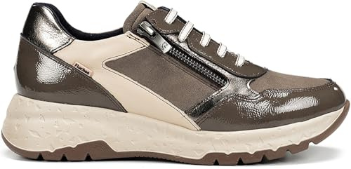 FLUCHOS - Sneakers,Scarpa sportiva casual da donna con zeppa,Lacci e cerniera,Suola in gomma con zeppa per: Donna, taupe, 36 EU