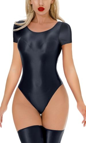 Women’s Shiny Oil Glossy Bodysuit Tight Catsuit Metallic Short Sleeve Jumpsuit Bodycon Lingerie Dance Leotard Clubwear Black