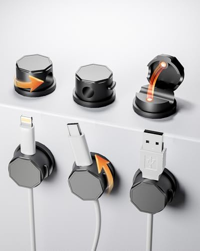 Cable Tidy Clips, 6 Pack 360°Rotating Magnetic Cable Holder, Self Adhesive Wire Organiser, Cord Holder Management for USB/HDMI/PC/Car/Wall - Nightstand, Home, Office Desk Accessories, Black (8mm)