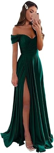Generico Abiti da Ballo in Satin Abiti da Damigella Lunghi con Spacco e Linea ad A Abito da Sera con Spalle Scoperte e Pieghe Verde Acqua L