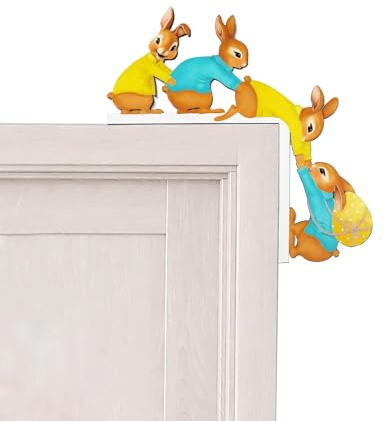 Osterdeko für die Tür Lustiger Osterhase aus Holz als Doppelseitige Deko für Türrahmen, Fenster, Kamin & Kühlschrank Inkl. Klebepads, Rückstandsfrei Osterdekoration (16x12 cm)