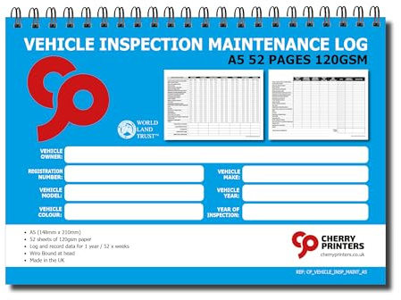 Cherry Printers Vehicle Inspection Maintenance Log Book | A5 Daily Vehicle Check & Fleet Service Record | 52 Week Inspection & Maintenance Log for Vans Lorries & Company Vehicles | Wiro Bound | 120gsm