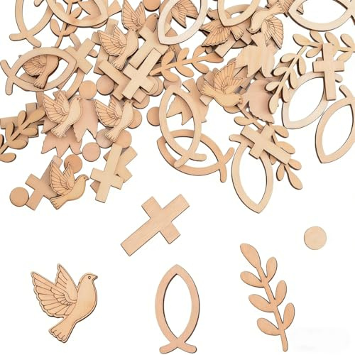 YIPFEN 100 Taufdekorationen, elegante Holzornamente, perfekt für Mädchen und Jungen, ideal für Kommunion, Taufe und Babytaufe, mit Holzfischmotiven