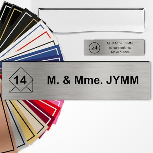 Plaque Boîte aux Lettres Nom et Numéro Personnalisée Acier brossé/Noir | Nom et Numéro, Motifs Maison Cœur Enveloppe ou Sans Motif, Gravure Laser, 22 Couleurs, Adhésif 3M, Fabriqué en France