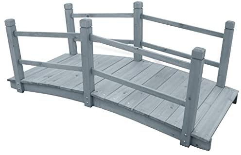 LoogCape Pont de jardin gris 140 x 60 x 56 cm en bois de sapin massif résistant aux intempéries pour jardin, ruisseau, étang, balcon, cour, terrasse, décoration paysagère, marchable, avec rampe et