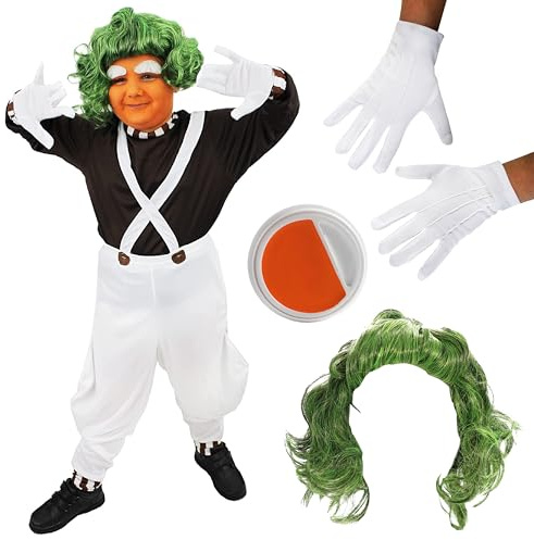 Boys Chocolate Factory Worker - Brown Top, White Dungarees, Green Wig, White Gloves, Orange Facepaint - Kids World Book Day Book Week Fancy Dress Costume