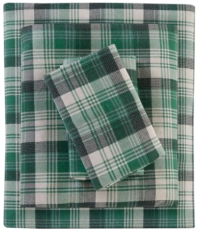 WOOLRICH Cotton Sheet Set Cottage Charms Print, 100% Cotton Flannel Sheets Warm & Fuzzy Bedding Set Queen Size Sheets, Fitted Pocket Fits Up to 14 Mattress, Queen Green Plaid, 4 Piece