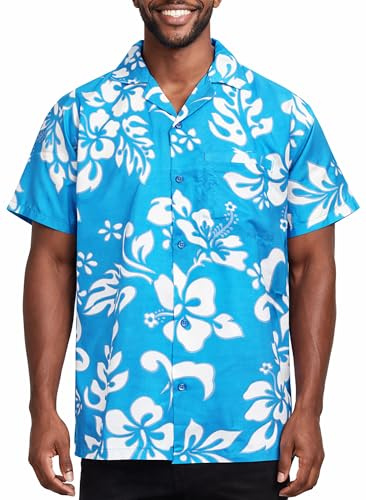 King Kameha Funky-Camicia-Hawaiana, Manica-Corta, Hibiscus, Turchese, XL
