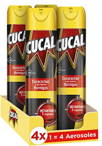 Cucal Insecticida Aerosol Fulminante contra Cucarachas, Hormigas y sus huevos (4 x 400 ml), insecticida para insectos rastreros, mata y seca en segundos, no deja residuos