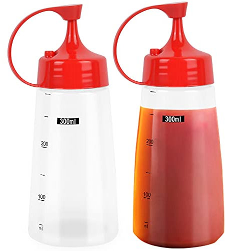 wangjiangda 2 Stück Quetschflasche 300 ml Saucenflasche mit Kappe Leer Squeeze Flasche mit Skala Dosierflasche für Ketchup Ahornsirup Mayo Senf Olivenöl BPA-Frei