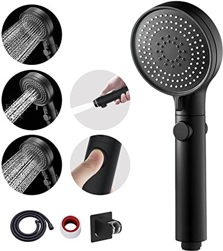 MIAOHUI Schwarz Duschkopf Druckerhöhend, Handbrause mit 3 Strahlarten, Wassersparend Hochdruck Duschkopf mit Wasserstop Funktion, Duschbrause mit Schlauch und Teflonband