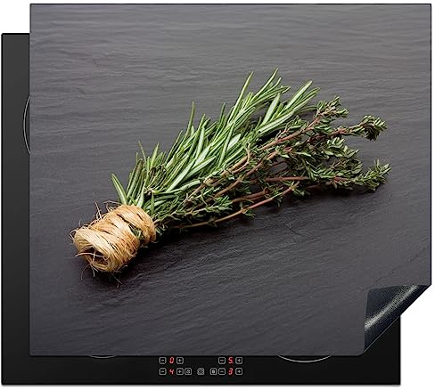 KitchenYeah© Herdabdeckplatte Einteilig Ceranfeld Abdeckplatte Küche Deko | 59x52 cm - Ceranfeldabdeckung Herdabdeckung Induktionsmatte Thymian - Kräuter - Grün - Tisch - Stein
