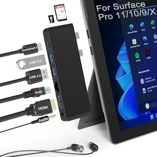Surface Pro 11 10 9 Docking Station mit 4K HDMI,Thunderbolt 4(8K Video+40 Gbps+100W Leistung),100M Ethernet,USB 3.0,SD TF-Kartensteckplatz,3,5mm Audio,Dreifachdisplay für Surface Pro 11/10/9/X Zubehör