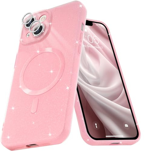 Micoden Custodia magnetica per iPhone 15 Custodia glitterata compatibile con MagSafe Wireless Charging Shock-Proof Camera Cover Glitter Silicone TPU Soft, rosa