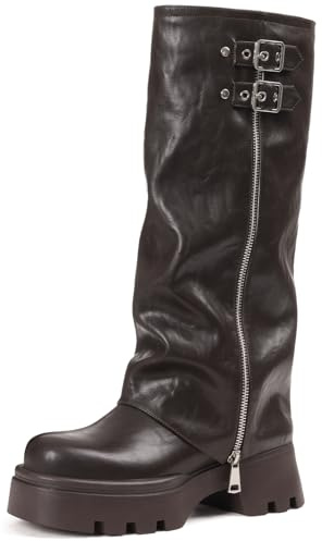Phefarer Women's Knee High Fold Over Boots Chunky Platform Lug Sole Comfortable Leather Round Toe Goth Moto Combat Brown Dress Boots for Women Size 9