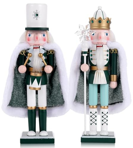 Tpudn 2 piezas de 30 cm de Nueve de nieve Cascanueces con capa de terciopelo blanco – Elegante decoración navideña pintada a mano de madera – Noble decoración de invierno para repisa, mueble auxiliar