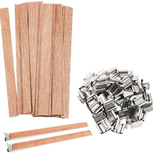 100 Piezas Mechas de Madera para Velas con 100 Soportes de Metal 13 x 130 mm Mecha para Velas de Madera Mechas de Madera Vela con Mecha de Madera para Bricolaje y fabricación de Velas