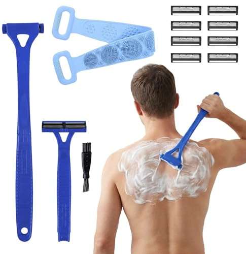 Back Shaver for Men, DIY Hair Removal Body Shaver with with Foldable Long Ergonomic Handle, 1 Silicone Body Scrubber,Replaceable Safety Blade & Portable,Wet & Dry Shaving,Black (8PCS Blades Included)