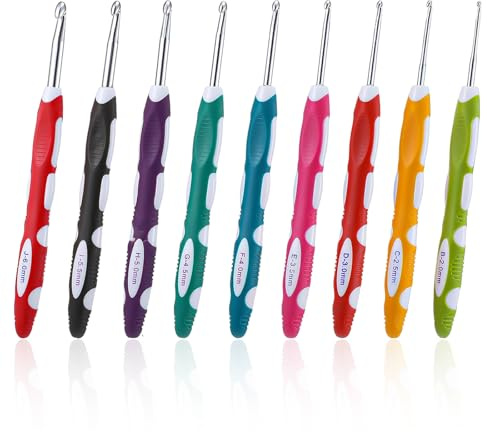 SULIKJHUI 9 Stück Ergonomische Häkelnadeln Set, Crochet Hook Bunte Silikongriffe mit Edelstahlhaken für Schals, Pullover & Handschuhe, Ideal für Anfänger Profis (2, 2.5, 3, 3.5, 4, 4.5, 5, 5.5, 6mm)