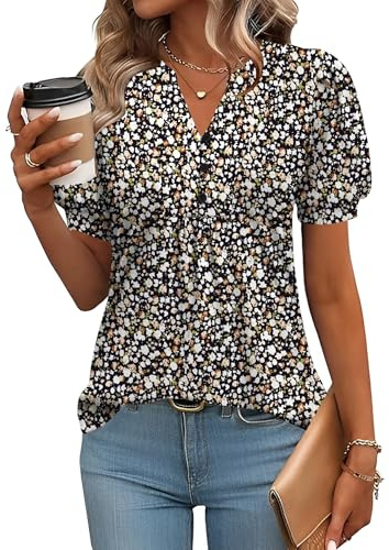 Rapbin Damblus med v-ringning och knappslå, t-shirt, tunika, kortärmad topp, sommartopp, elegant, avslappnad