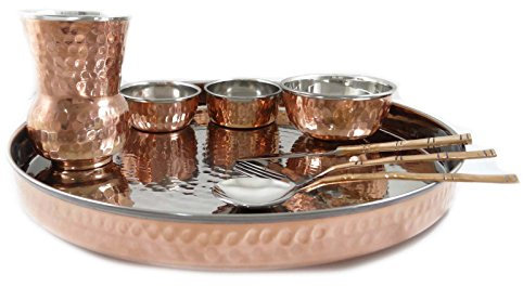 Indianbeautifulart Classic Indian Traditional 8 Piece Copper Tableware Dinner Set Collection Thali Bowls Utensils Health