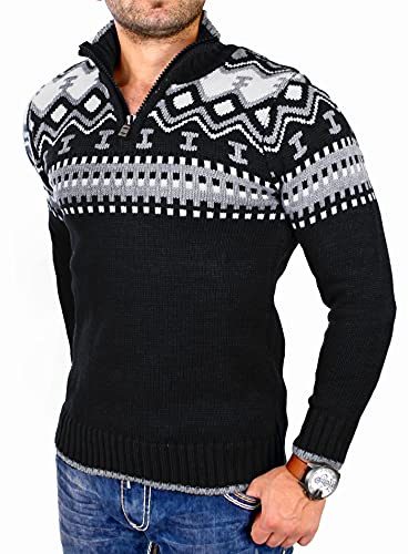 Reslad Jersey de invierno de tricot con cuello redondo y cremallera para hombre - Jersey noruego RS-3110, Negro , S