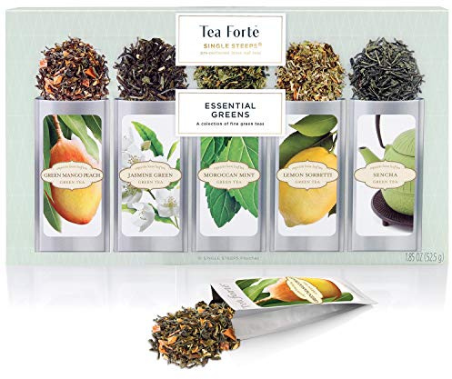 Tea Forte SACHETS À USAGE UNIQUE réunis dans une boîte d’échantillons Essential Greens par Tea Forté, boîte d'assortiment de thés différents, 15 sachets individuels