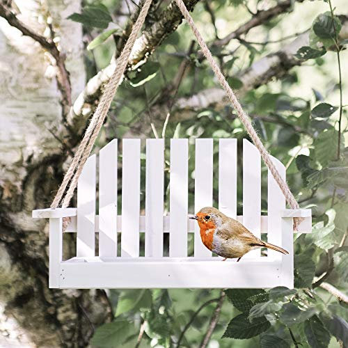 Garden mile® White Shabby Chic Bench Swing Seat Bird Feeder - Garden Decoration Table for Seed, Nut, Suet - Wooden Rustic Hanging Ornament