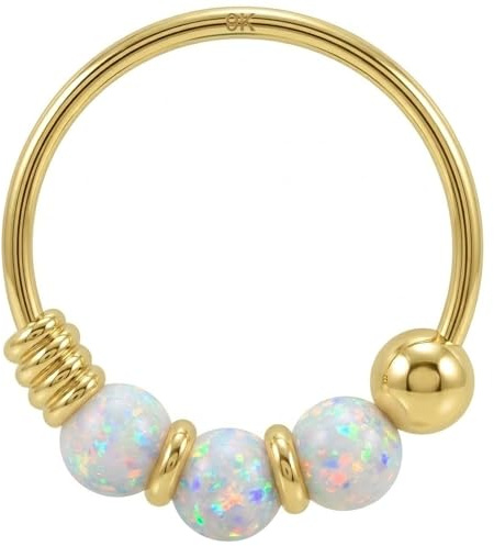 Monster Piercing Goldenes Nasenpiercing Nasenring Septum 9K Gold 22 Gauge mit 3 Opal Perlen Biegbar Durchmesser: 8mm Ringstärke: 22G (0,6 mm) Nase Piercing Hypoallergen