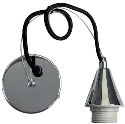 TIBELEC Monture suspension luminaire métal chromé, câble tissu noir, équipée douille métal chromé E27 + bague, 60W max