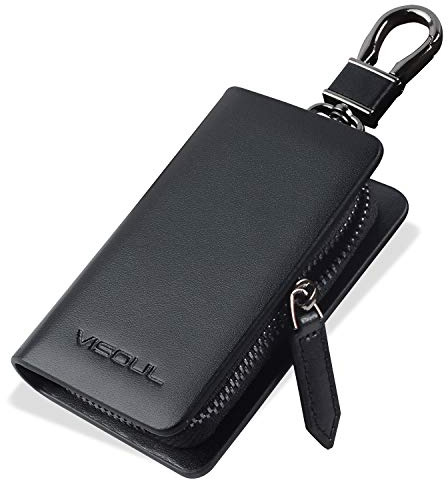 VISOUL Echt Leder Schlüsselanhänger Schlüsseltasche Auto-Schlüssel-Anhänger Antik Vintage Schwarz Karabienerhacken Tasche Reißverschluss