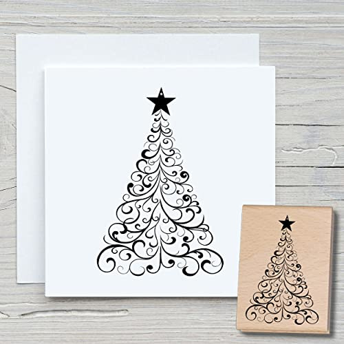 NEWSTAMPS Stempel Tanne Schnörkel Motivstempel aus Holz & Gummi zum Karten und Geschenke basteln, Holzstempel für Weihnachten, Weihnachtskarte, Tannenbaum, Scrapbook, Textilstempel, Deko, Freunde