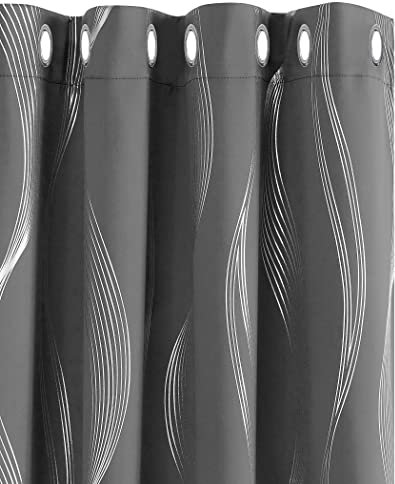 Deconovo Grey Curtains Silver Wave Line Foil Printed Thermal Insulated Eyelet Blackout Curtains for Living Room 66 x 54 Inch Dark Grey 2 Panels