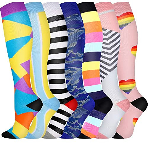 Pnosnesy Chaussettes de Compression, (2/4/6/7 paires) pour Hommes et Femmes 15-20 mmHg, idéales pour L'athlétisme, la Course, les voyages en avion, le Soutien