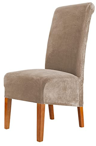 CMAKER Velvet Dining Chair Covers, Stretch Large Chair Slipcover, Spandex High Back Chairs Cover Elastic Washable Removable XL Chair Protector,Set of ４,Camel