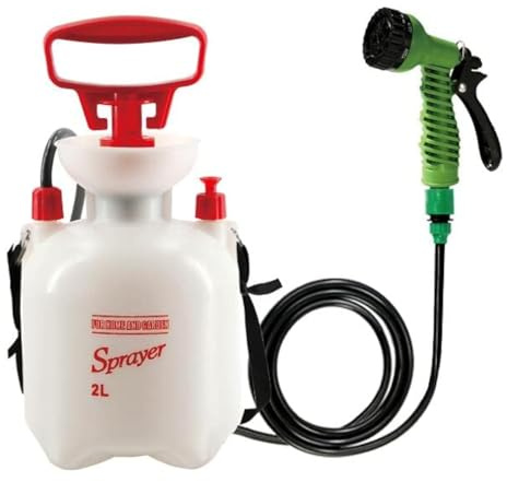 CLICIC Drucksprüher mit 7 Sprühmodi, Campingdusche mit abnehmbarem Schlauch und Duschkopf für Camping, Outdoor, Reisen, Wandern und Haustierbad, 2 l