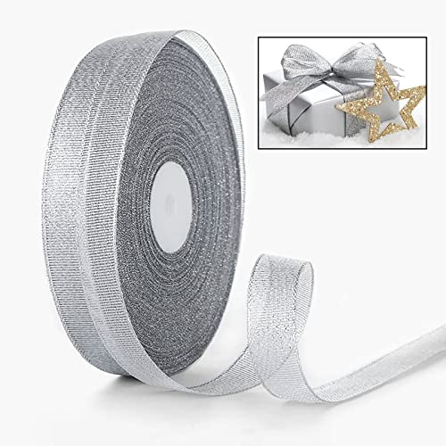 ZYOOO 20mm X 91m Organza Satinband Glitzer Silber - Schleifenband Geschenkband Blumenklebeband zum Basteln