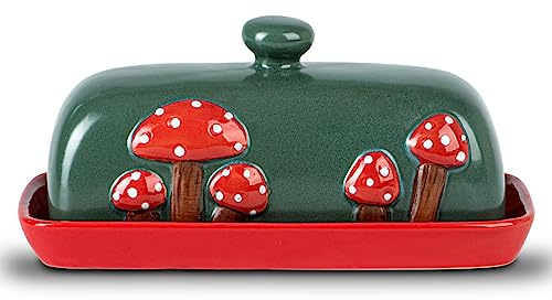 Mushroom Ceramic Covered Butter Dish Red Base Green Lid Plate with Handle | Ceramic mushroom covered butter dish with red tray, dark green lid, and 5.0x1.9 in guide ridge for standard butter sticks.