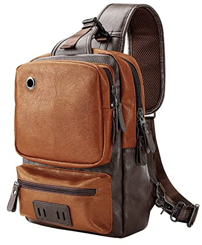 AONEGOLD Bolso Pecho Hombre Pequeña Piel Vintage Mochila de Cuero PU Bandoleras Cruzada Sling Bag Crossbody Puerto de Carga USB Bolsos Cruzados