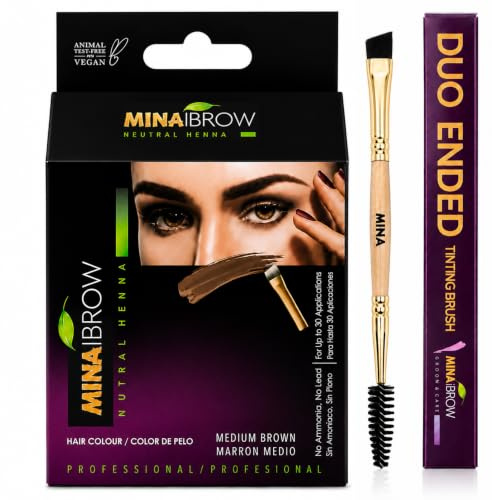 MinaiBrow Medium Brown Natural Brow Coloring Tinting Powder | Smudge Proof Instant Dye Kit with Duo Angled Brush