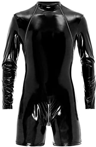 Loloda Men's Wet Look PVC Leather Bodysuit Catsuit Zipper Front Boxer Shorts Jumpsuits Clubwear Black Medium