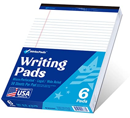 6 Pack Legal Note Pads Wide Ruled 8.5 x 11 Writing Pads (50 Sheets/Pad) White Recycled Paper Micro-Perforated Notepad Hard Back Notepads for Office & School Supplies - Made in USA