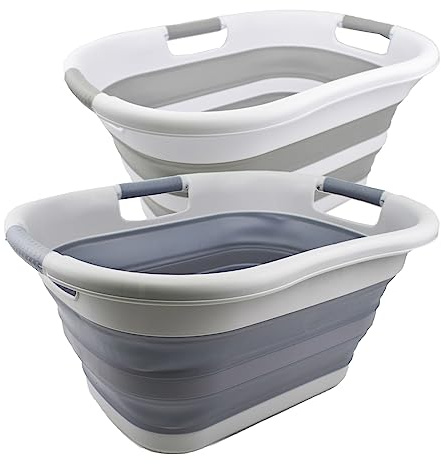 SAMMART Faltbarer Wäschekorb aus Kunststoff, 30 l, faltbar, Pop-Up-Aufbewahrungsbehälter/Organizer, tragbare Wäschewanne, platzsparender Wäschekorb/Korb (Grau + Dunkelgrau (2 Stück))