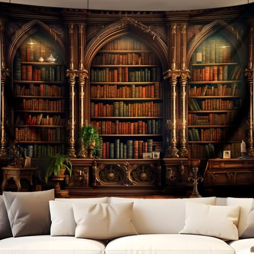 QGHOT Mittelalterlicher Bücherregal-Wandteppich, Vintage-Bibliothek, Bücherregal, Wandbehang, viktorianisches Büro, Zoom, Videohintergrund, alte Bücher für Arbeitszimmer, Schlafzimmer, Wohnzimmer