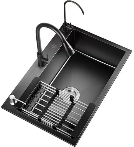 Spülbecken Edelstahl Eckig, Schwarz Einbauspüle große Küchenspüle mit faltbarem Siebkorb und Seifenspender, Edelstahl Spüle mit Siphon Ab- und Überlaufgarnitur (Color : 50x45x20cm/19.7x17.7x8in)