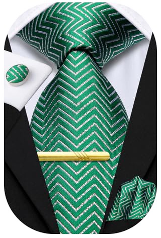 Hi-Tie Krawatten-Set für Herren, Krawatte, Einstecktuch, Hochzeit, formelle Manschettenknöpfe, Krawattenklammer, 4-teiliges Set, 04 - Grün/Weiß gestreift, M