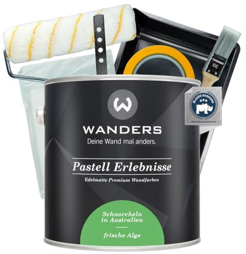 Wanders Pastell Erlebnisse Wandfarbe 2,5L (frische Alge, Grün) inkl. Streichset Basic – Premium Kreidefarbe, Leichte Anwendung, Hochdeckend, Ultramatt, Perfekt für Heim-DIY