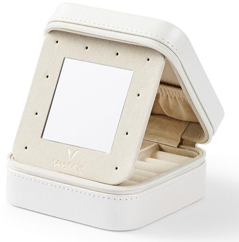 Vee Schmuckkästchen Reise,Klein Schmuckkasten für Damen,Schmuckaufbewahrung tragbar,Spiegel,aus PU-Leder,Schmuck-Reiseetui 10 * 10 * 5cm,Geschenkidee,Weiß