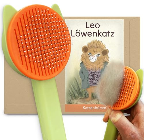 Leo Löwenkatz Katzenbürste für Langhaar- und Kurzhaar-Katzen mit 1-klick-Funktion zur eine schnelle und einfache Selbstreinigung: Die entspannte Art der Tierhaarentfernung